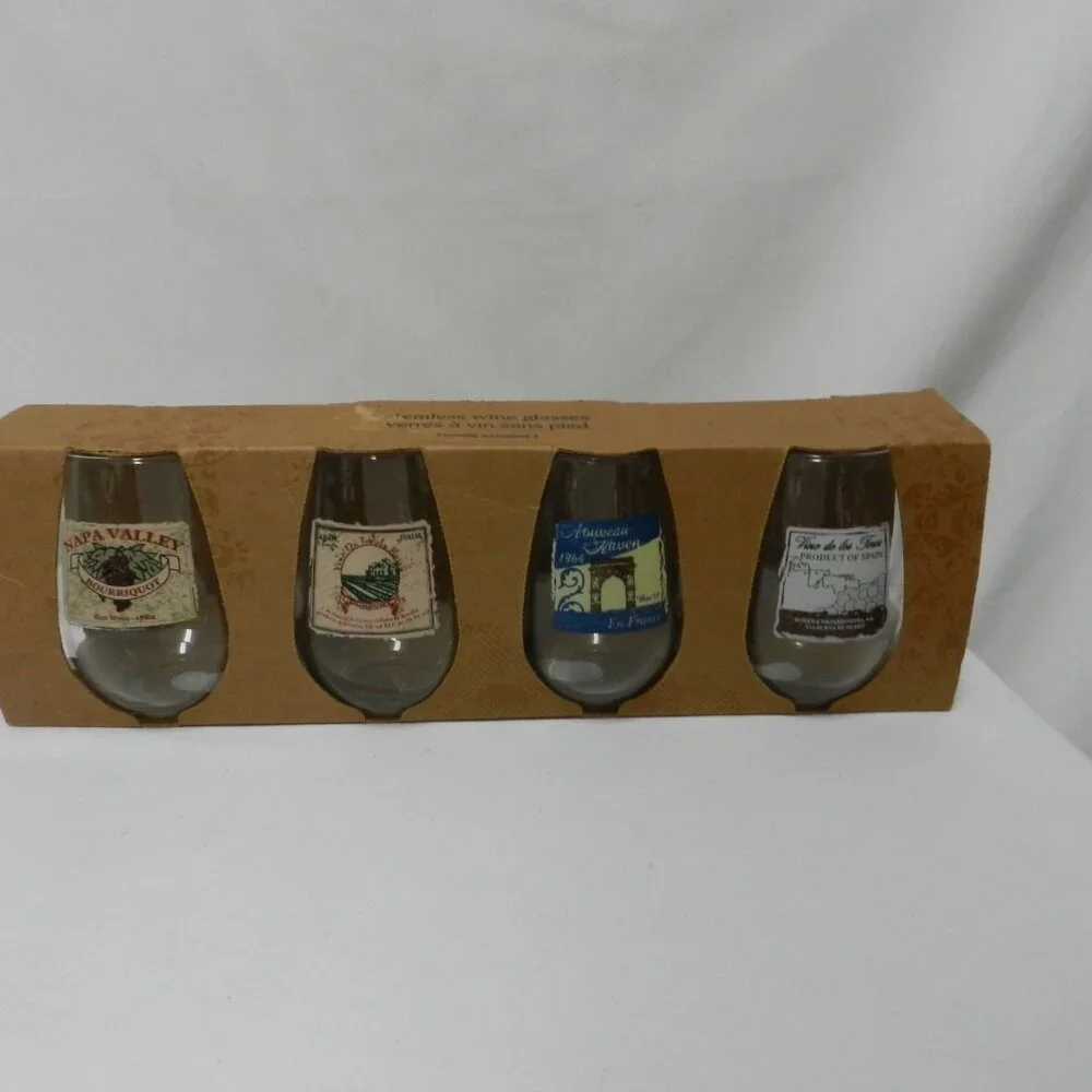 Pier 1 Stemless Wine Glass Napa Spain Italy & France Labels Set of glasses 4 NIB